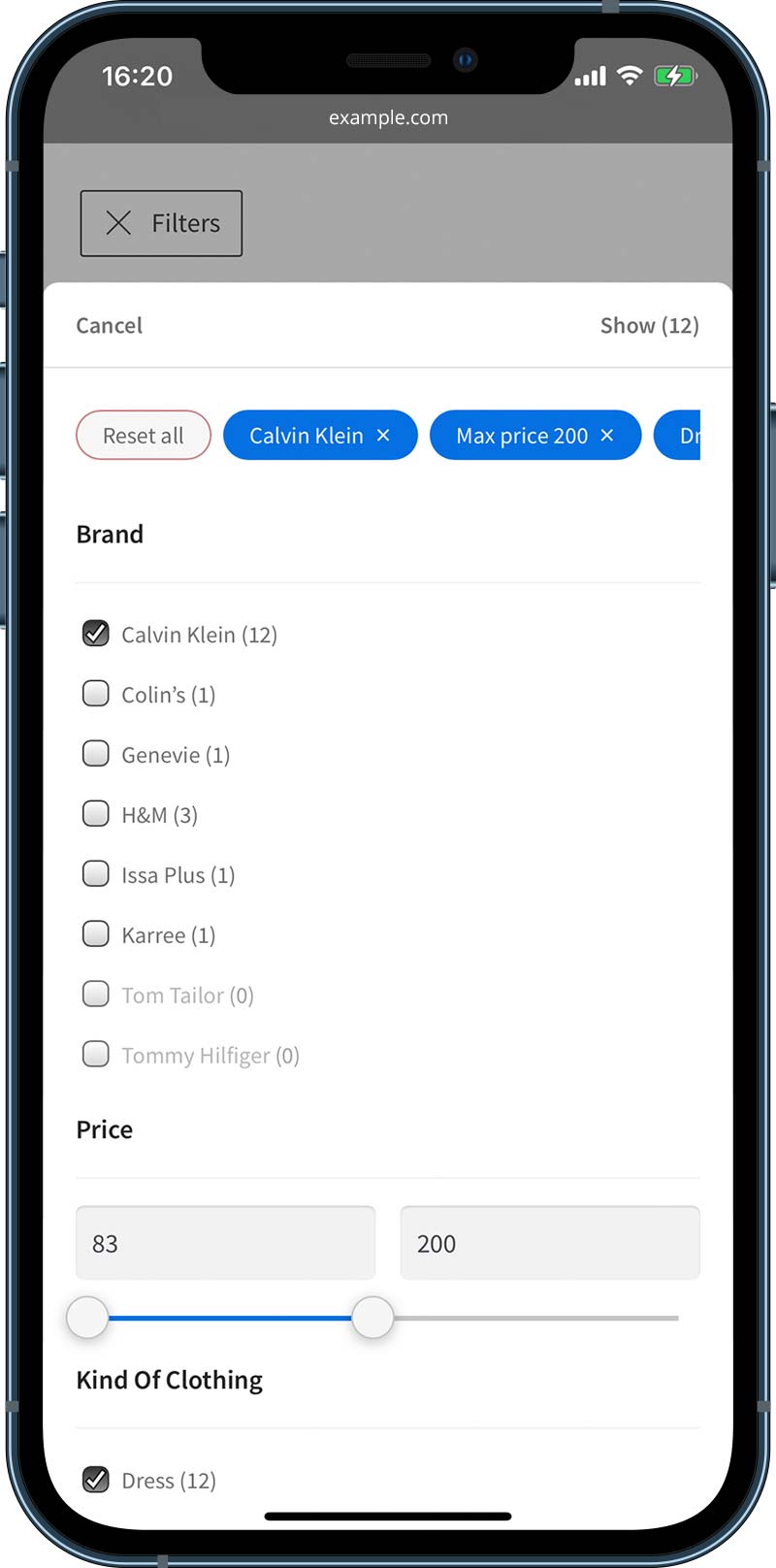 Filters Popup widget example