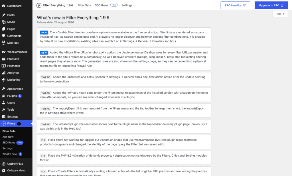 The What's new page in Filter Everything 1.9.6 with the badge on the menu item